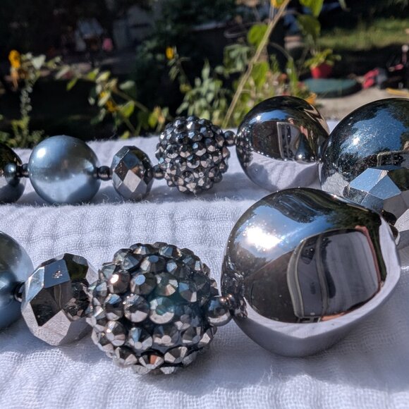 Large Rhinestone Ball Necklace, Big Gray Pearl Beaded Choker, Vintage Bling Neck - Picture 5 of 6